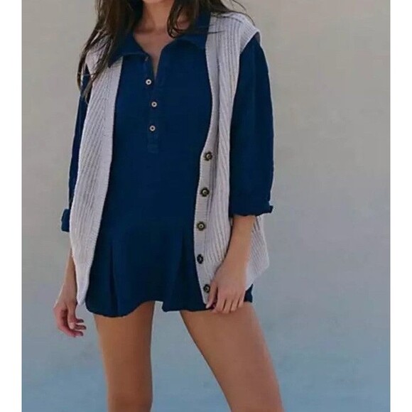 FREE PEOPLE FREE-EST BLUE CHECKIN' IN MINI DRESS SZ SMALL NAVY - Picture 3 of 5